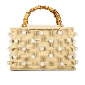 Elegant Pearl-Embellished Tan Woven Bag